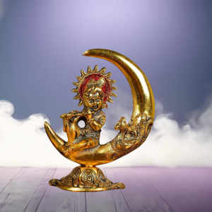 Metal Gopal Krishna on Moon Idol | Elegant Krishna Statue Showpiece for Pooja, Home & Office Decor | Perfect Gift