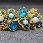 Vintage Gold-Tone Hair Clip with Blue Rhinestones and Pearls 9.5 cm