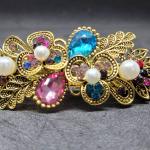 Colorful Vintage Gold-Tone Hair Clip with Multicolored Rhinestones and Pearls 9.5 cm
